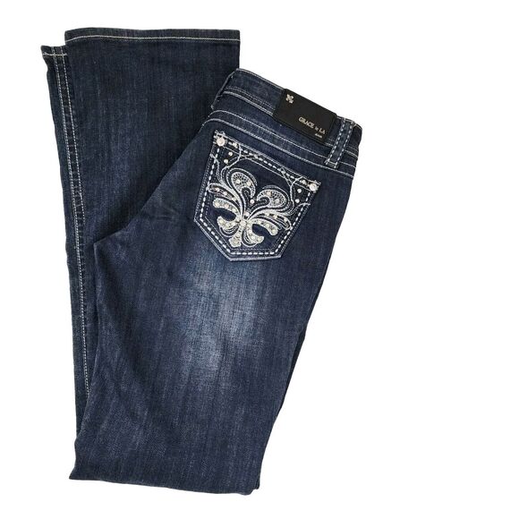 Grace in LA Womens Jeans Size 27 Bootcut Embellished Distressed Low Rise Dark - Picture 1 of 10